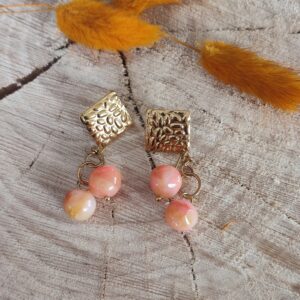 Boucles d'oreilles pendantes billes rose & orange